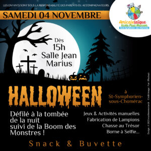 Fête d'Halloween 2023 organisée par l'amicale laïque de l'école Paul Manson à St-Symphorien-sous-Chomérac